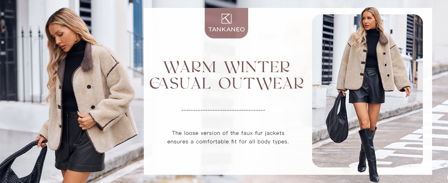 Tankaneo Womens Faux Fur Jackets Warm Winter Casual Button Down